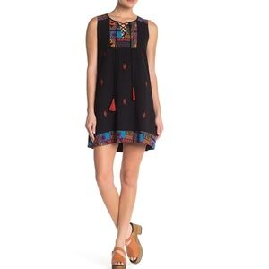 THML black multicolor boho sleeveless dress with neckline tassel detail L